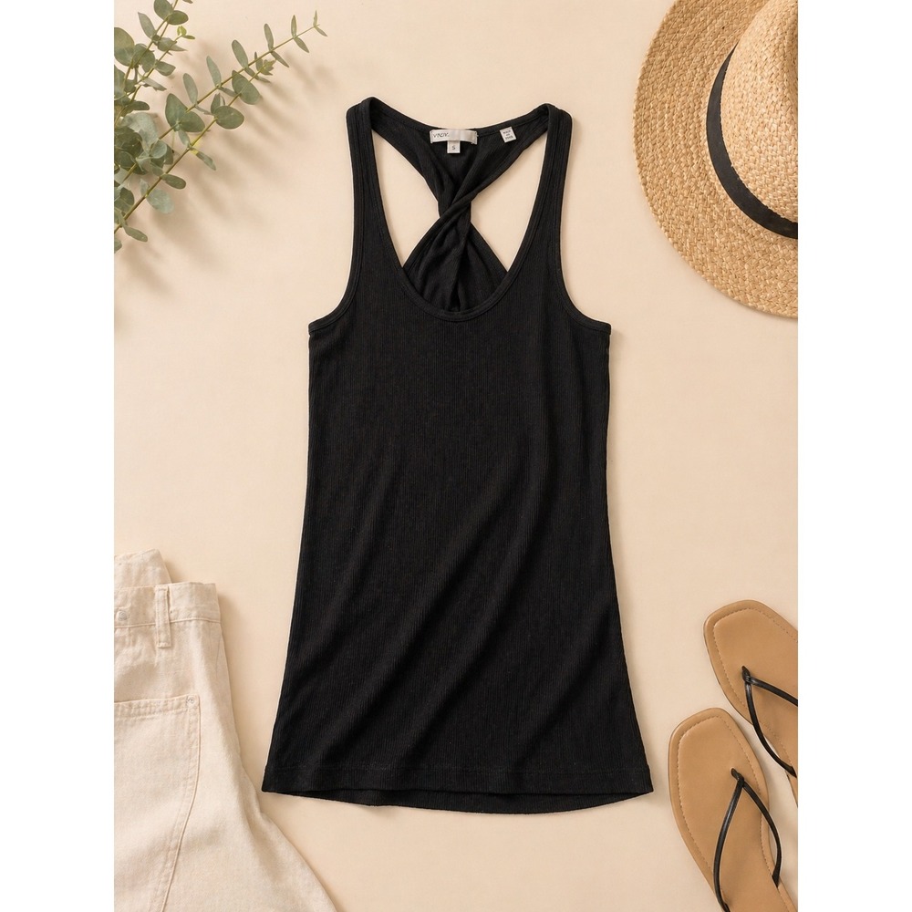Vince Black Ribbed‎ Twisted Racerback Tank Top Size S Cotton Modal Slim Fit